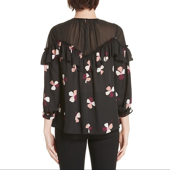 NWT Kate Spade Black Floral Glitzy Ritzy Dusk Buds Ruffle Top Size XXS - Picture 2 of 11